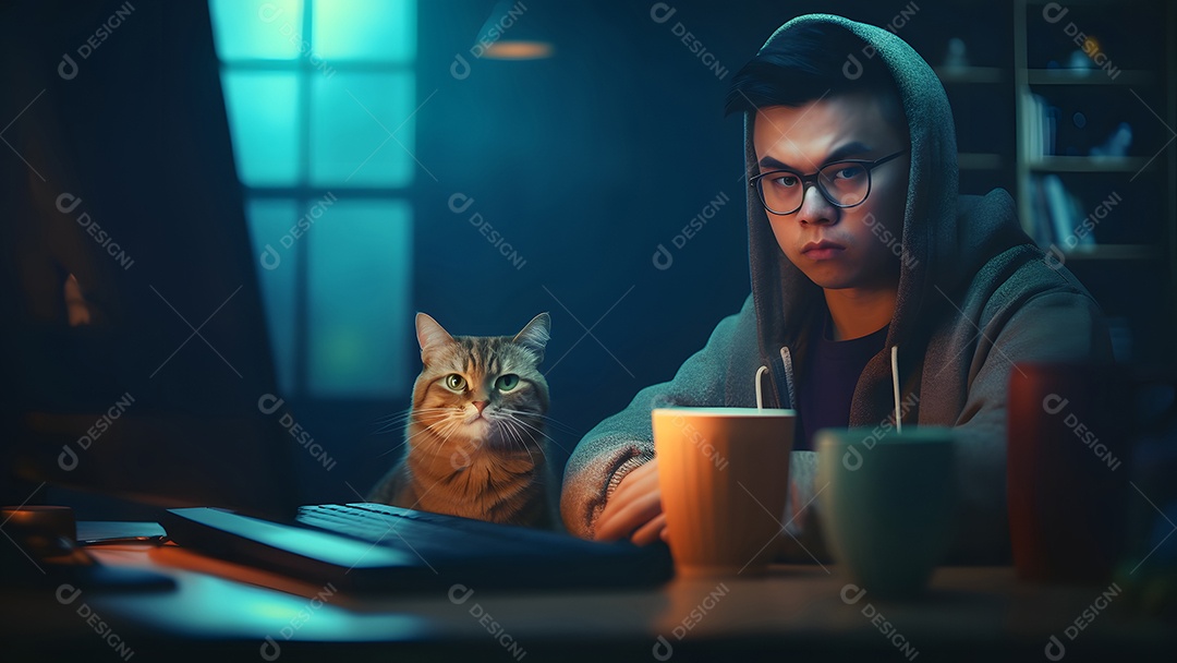 Homem asiático adulto sentado em frente ao laptop na mesa da cozinha à noite com seu gato em casa.