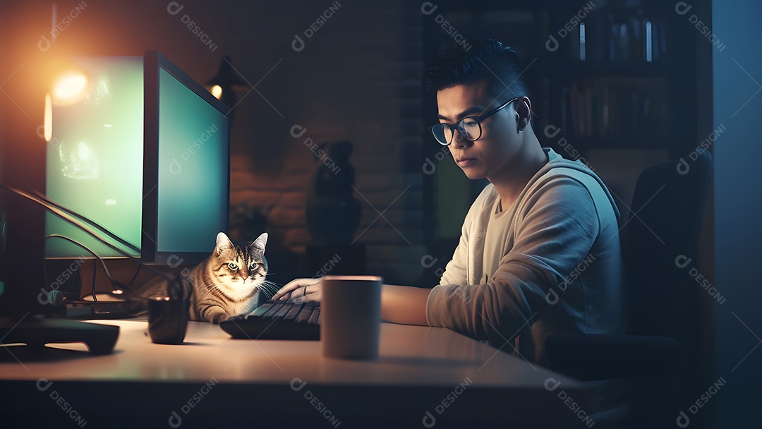 Homem asiático adulto sentado em frente ao laptop na mesa da cozinha à noite com seu gato em casa.
