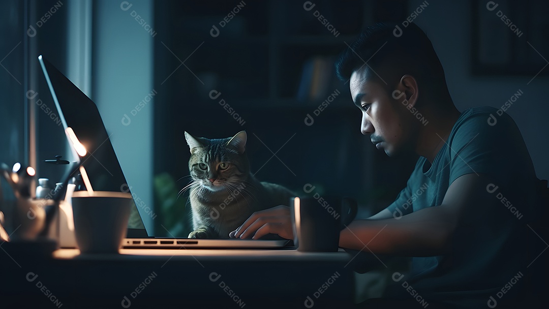 Homem asiático adulto sentado em frente ao laptop na mesa da cozinha à noite com seu gato em casa.