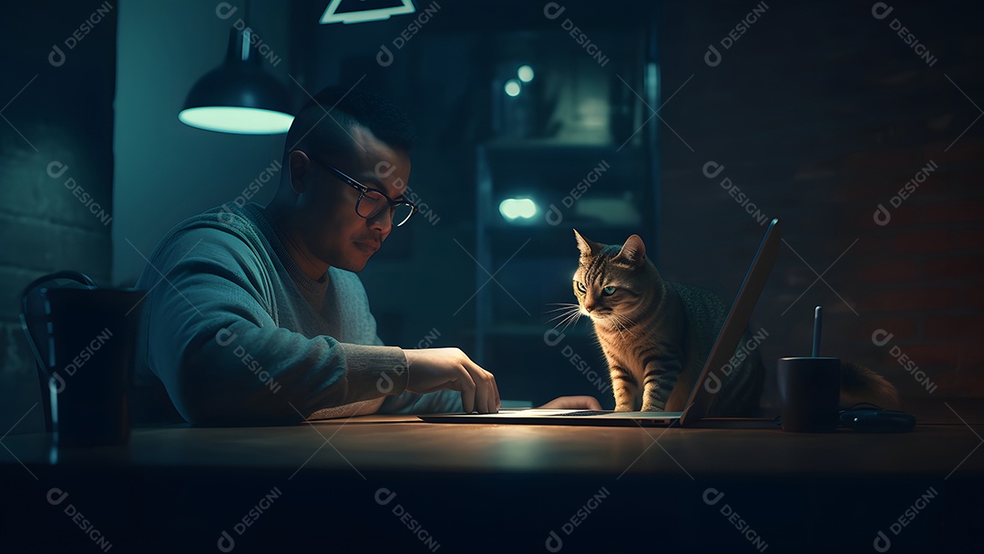 Homem asiático adulto sentado em frente ao laptop na mesa da cozinha à noite com seu gato em casa.