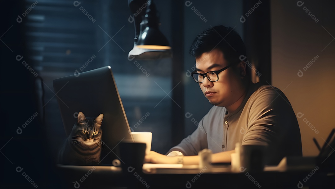 Homem asiático adulto sentado em frente ao laptop na mesa da cozinha à noite com seu gato em casa.