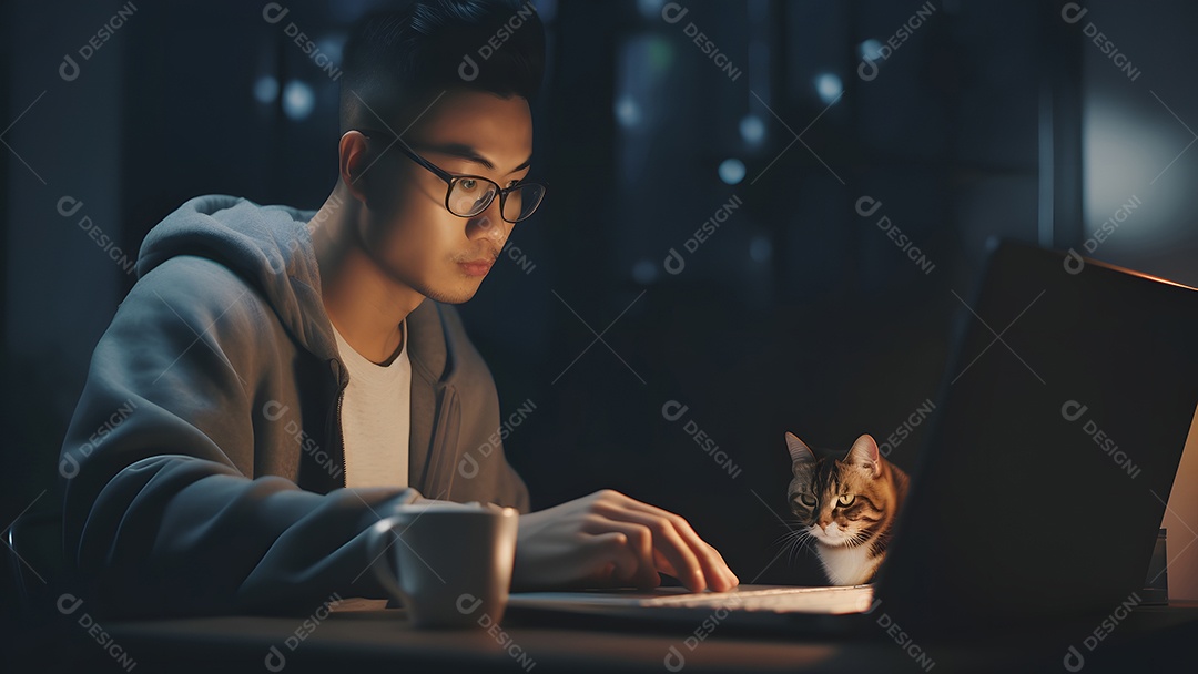 Homem asiático adulto sentado em frente ao laptop na mesa da cozinha à noite com seu gato em casa.