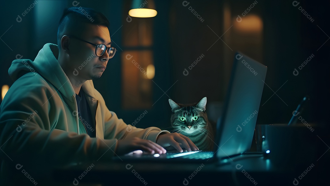 Homem asiático adulto sentado em frente ao laptop na mesa da cozinha à noite com seu gato em casa.