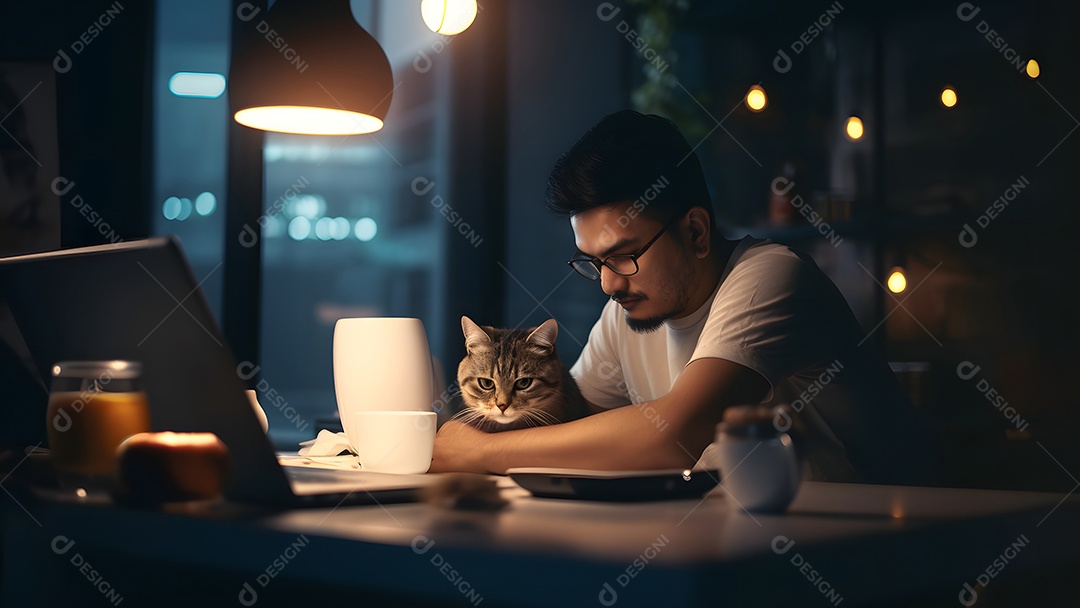 Homem asiático adulto sentado em frente ao laptop na mesa da cozinha à noite com seu gato em casa.