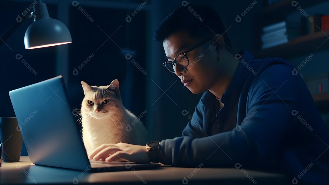 Homem asiático adulto sentado em frente ao laptop na mesa da cozinha à noite com seu gato em casa.
