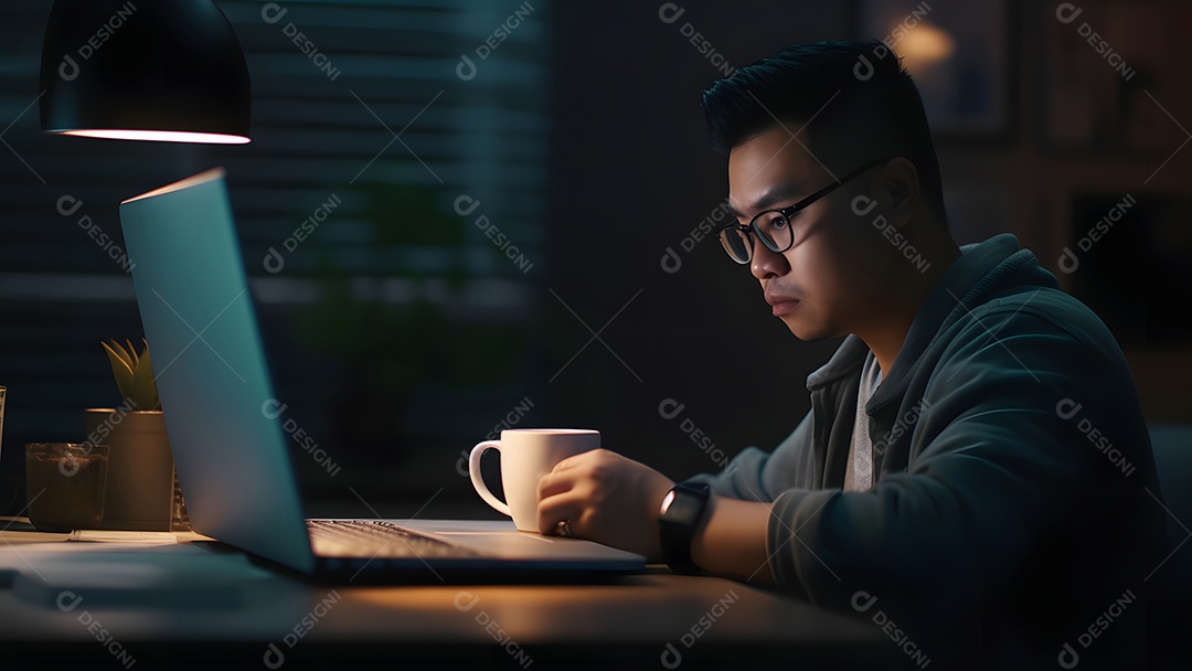 Homem asiático adulto sentado em frente ao laptop na mesa da cozinha à noite com seu gato em casa.