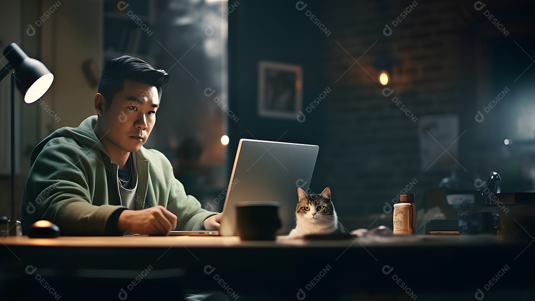 Homem asiático adulto sentado em frente ao laptop na mesa da cozinha à noite com seu gato em casa.