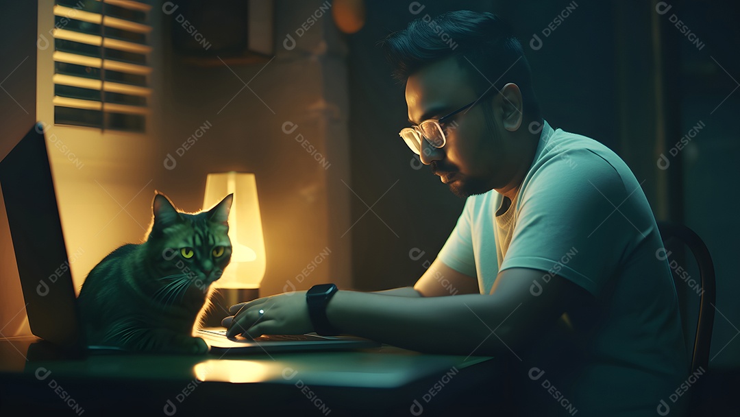 Homem asiático adulto sentado em frente ao laptop na mesa da cozinha à noite com seu gato em casa.