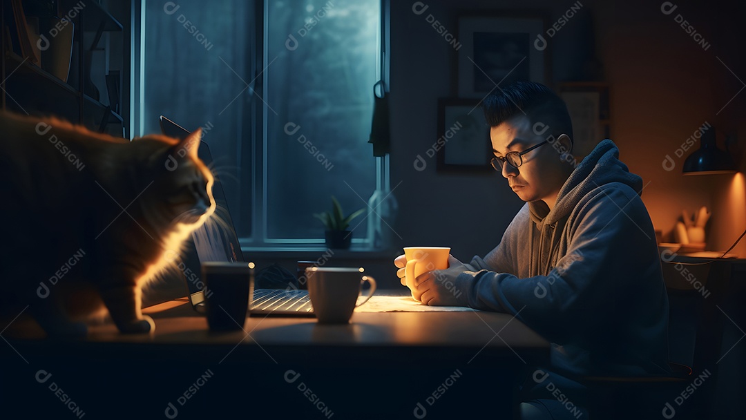 Homem asiático adulto sentado em frente ao laptop na mesa da cozinha à noite com seu gato em casa.