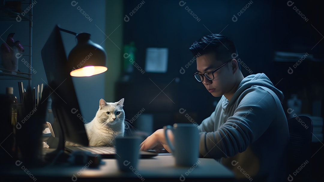 Homem asiático adulto sentado em frente ao laptop na mesa da cozinha à noite com seu gato em casa.