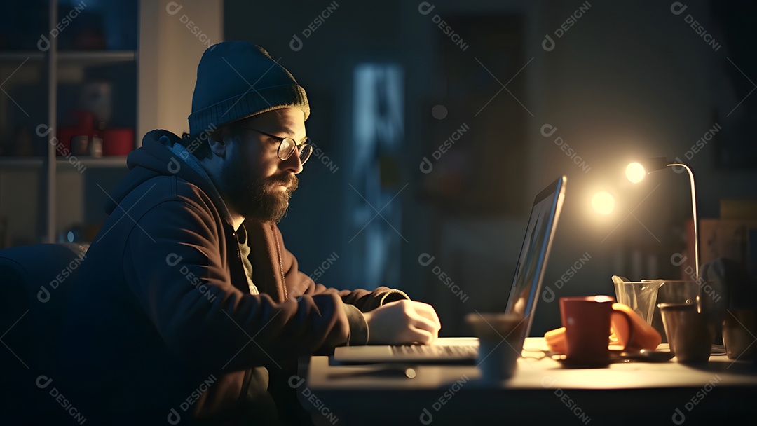 Homem asiático adulto sentado em frente ao laptop na mesa da cozinha à noite com seu gato em casa.