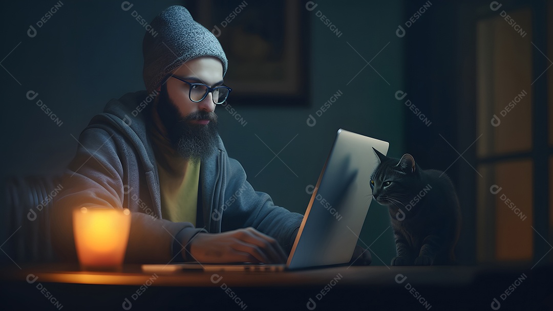 Homem asiático adulto sentado em frente ao laptop na mesa da cozinha à noite com seu gato em casa.