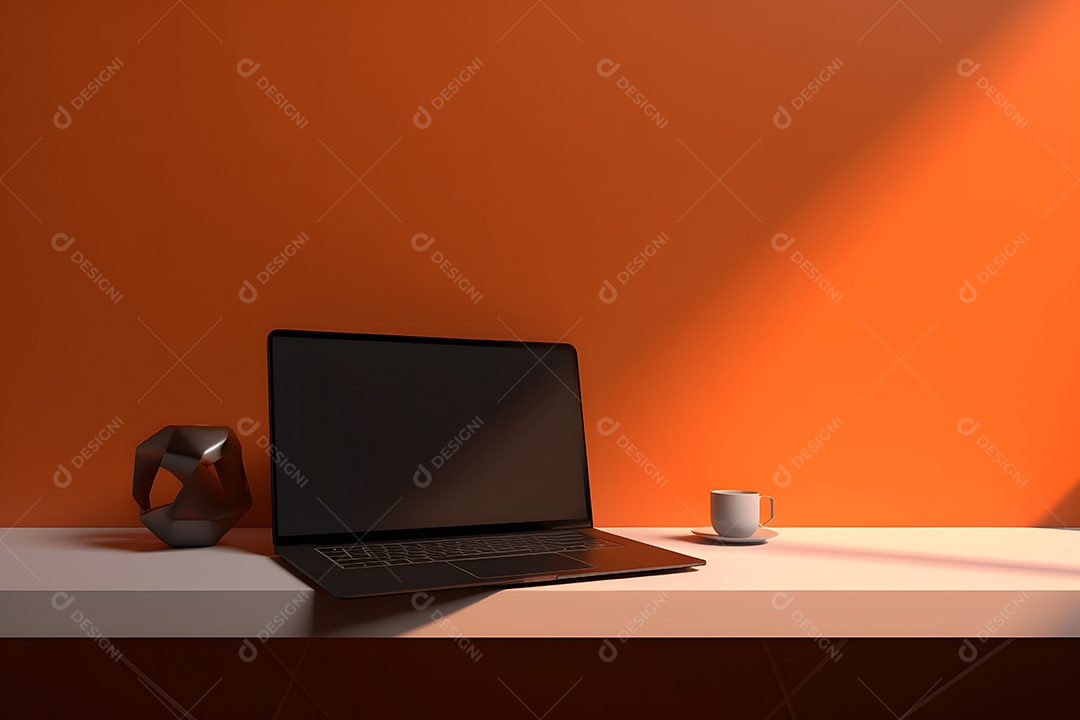 Laptop sobre a mesa de um escritório em frente a uma parede laranja