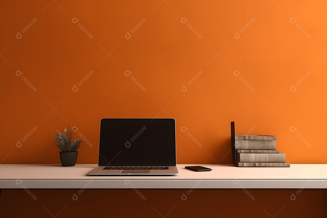 Laptop sobre a mesa de um escritório em frente a uma parede laranja.