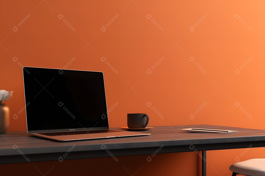 Laptop sobre a mesa de um escritório em frente a uma parede laranja.