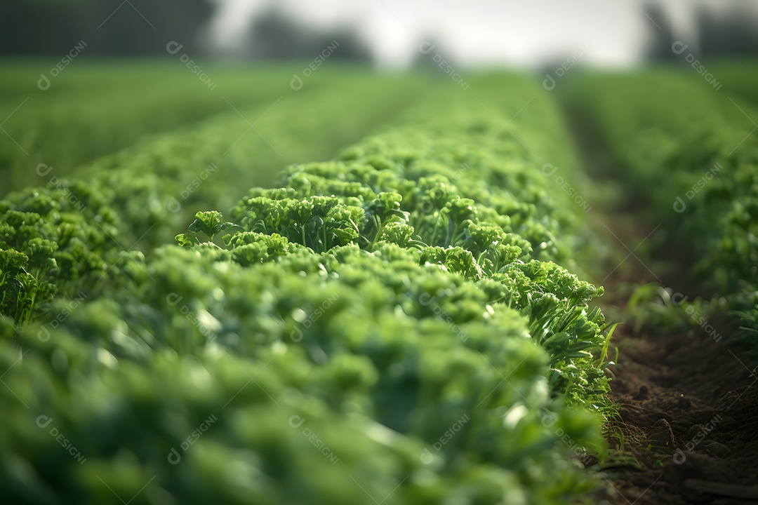 Fileiras de plantações verdes com foco seletivo na luz de um dia de verão.