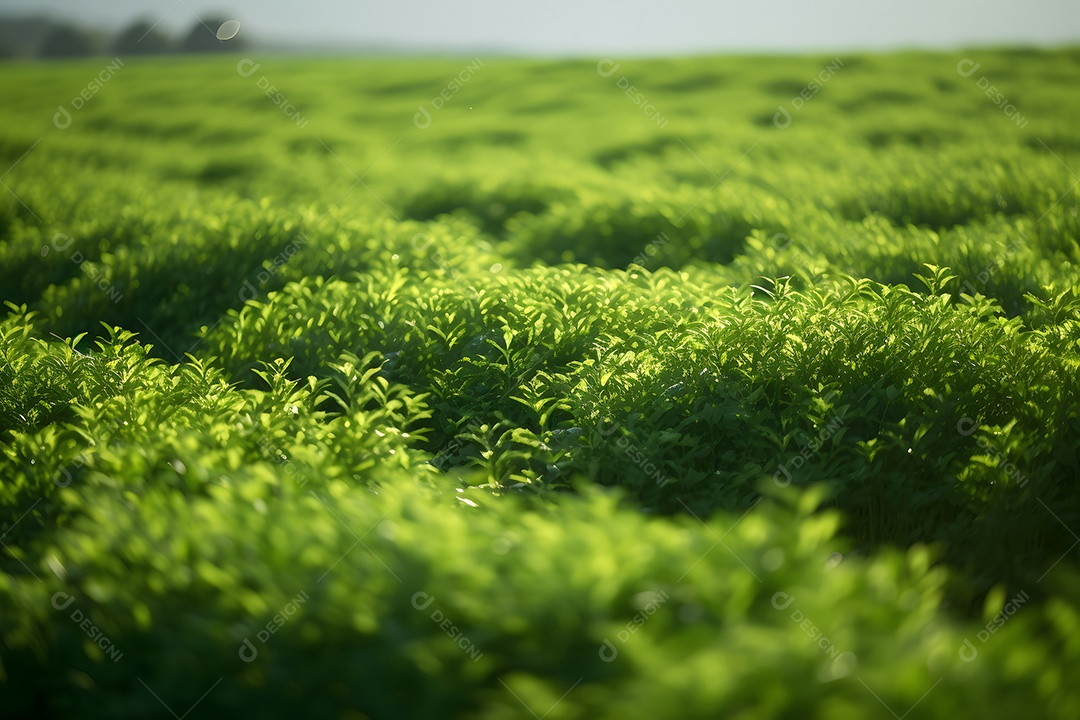 Fileiras de plantações verdes com foco seletivo na luz de um dia de verão.