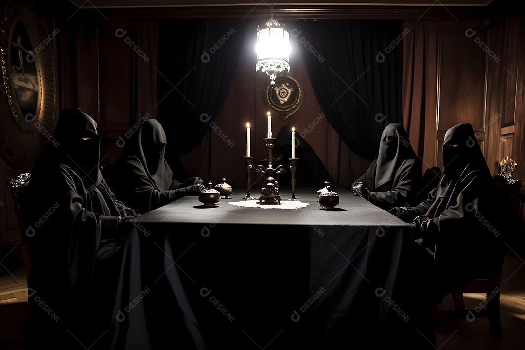 Sociedade secreta em uma mesa redonda, sentados em longas túnicas pretas com capuzes e máscaras.