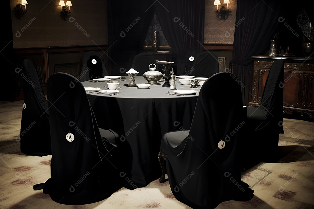 Mesa redonda preta de sociedade secreta com símbolos misteriosos e velas.