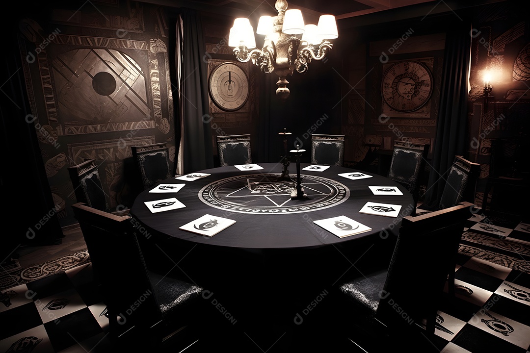 Mesa redonda preta de sociedade secreta com símbolos misteriosos e velas.