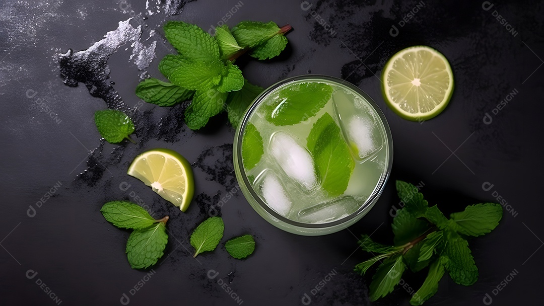 Vista superior de um refrescante coquetel de menta com mojito em um copo sobre fundo isolado com limão, folhas de hortelã e gelo.