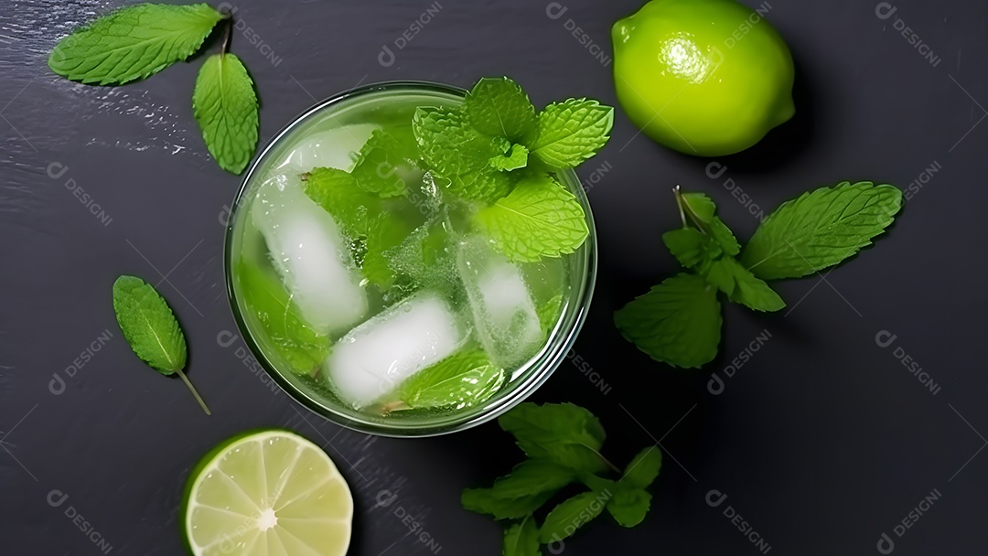 Vista superior de um refrescante coquetel de menta com mojito em um copo sobre fundo isolado com limão, folhas de hortelã e gelo.