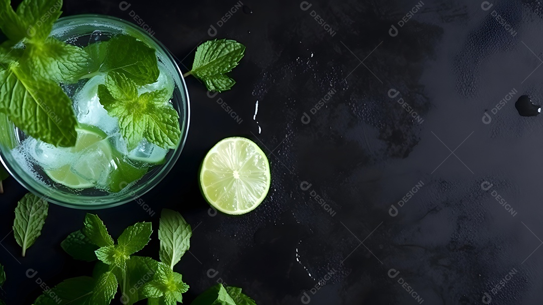 Vista superior de um refrescante coquetel de menta com mojito em um copo sobre fundo isolado com limão, folhas de hortelã e gelo.