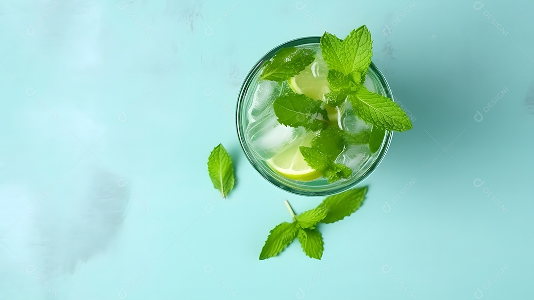 Vista superior de um refrescante coquetel de menta com mojito em um copo sobre fundo isolado com limão, folhas de hortelã e gelo.