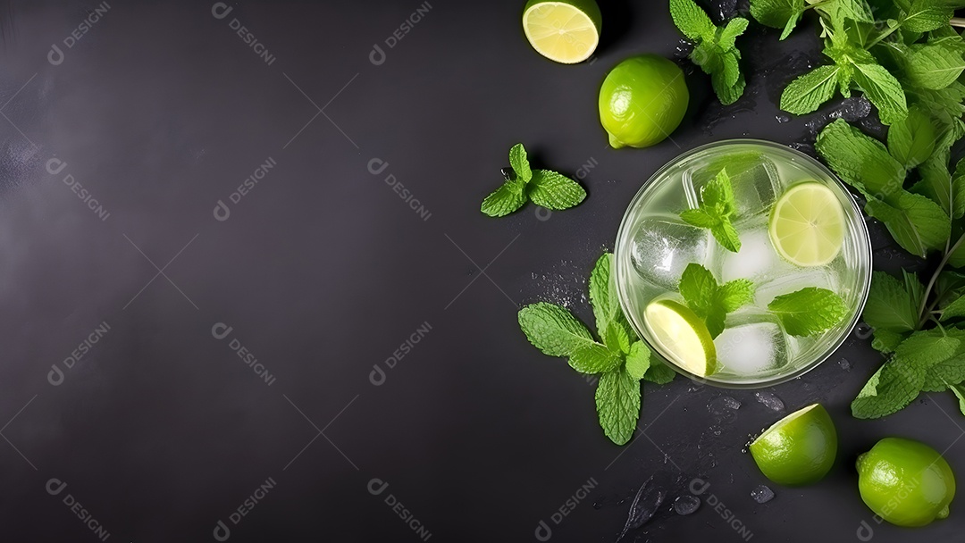 Vista superior de um refrescante coquetel de menta com mojito em um copo sobre fundo isolado com limão, folhas de hortelã e gelo.