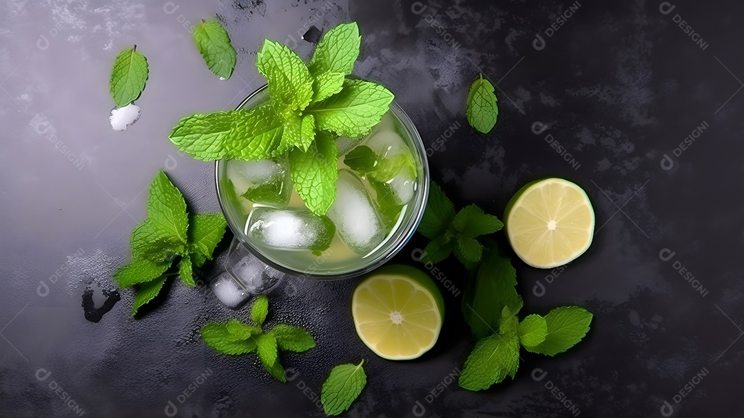 Vista superior de um refrescante coquetel de menta com mojito em um copo sobre fundo isolado com limão, folhas de hortelã e gelo.