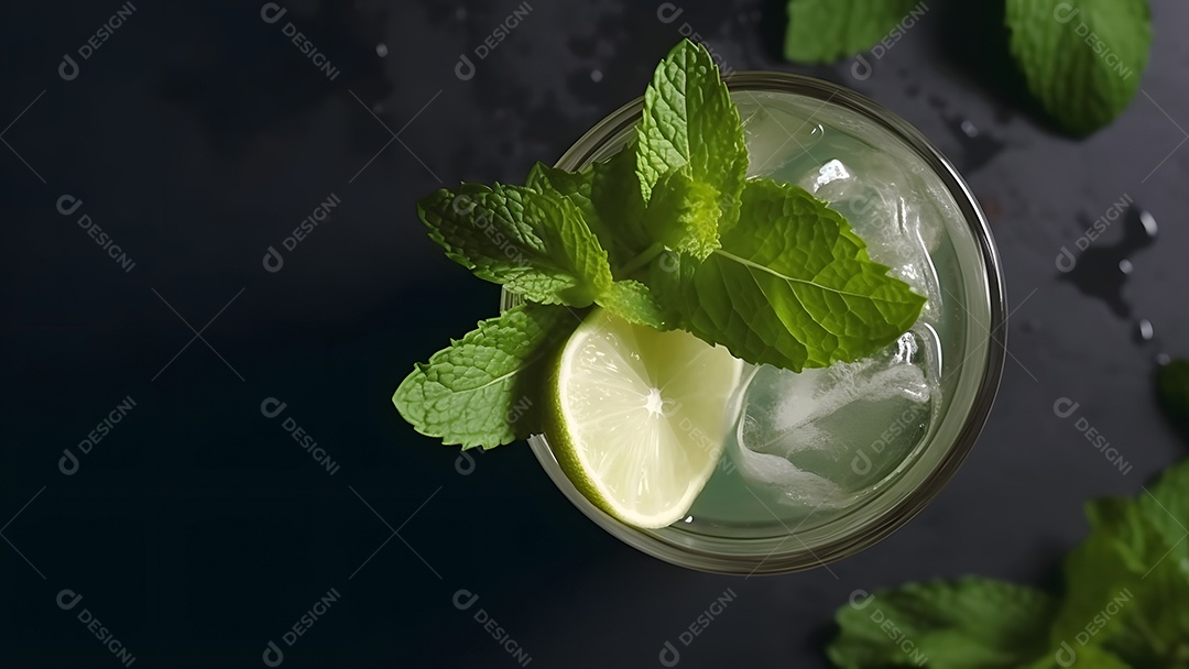 Vista superior de um refrescante coquetel de menta com mojito em um copo sobre fundo isolado com limão, folhas de hortelã e gelo.
