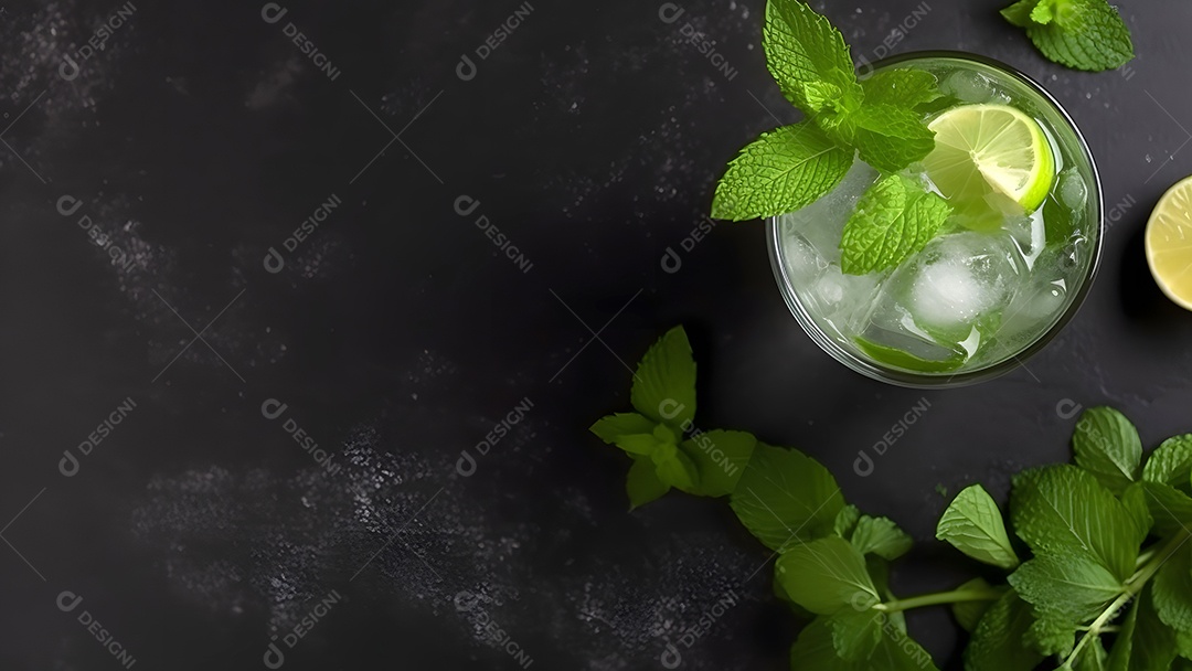 Vista superior de um refrescante coquetel de menta com mojito em um copo sobre fundo isolado com limão, folhas de hortelã e gelo.