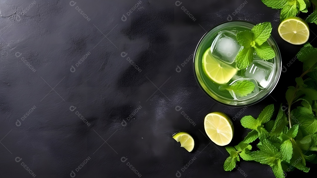 Vista superior de um refrescante coquetel de menta com mojito em um copo sobre fundo isolado com limão, folhas de hortelã e gelo.
