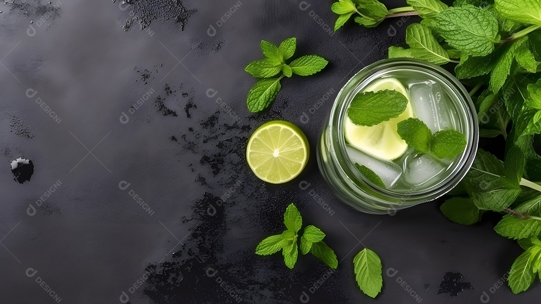 Vista superior de um refrescante coquetel de menta com mojito em um copo sobre fundo isolado com limão, folhas de hortelã e gelo.