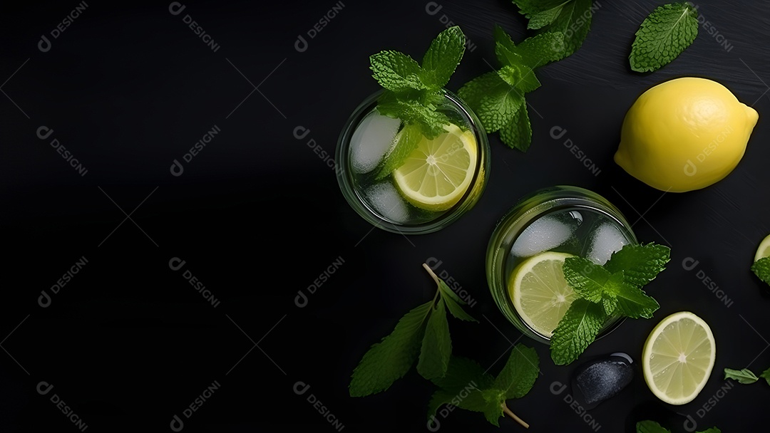 Vista superior de um refrescante coquetel de menta com mojito em um copo sobre fundo isolado com limão, folhas de hortelã e gelo.