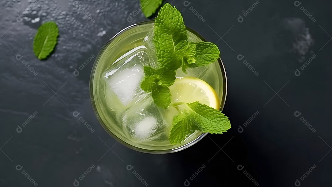 Vista superior de um refrescante coquetel de menta com mojito em um copo sobre fundo preto com limão, folhas de hortelã e gelo.