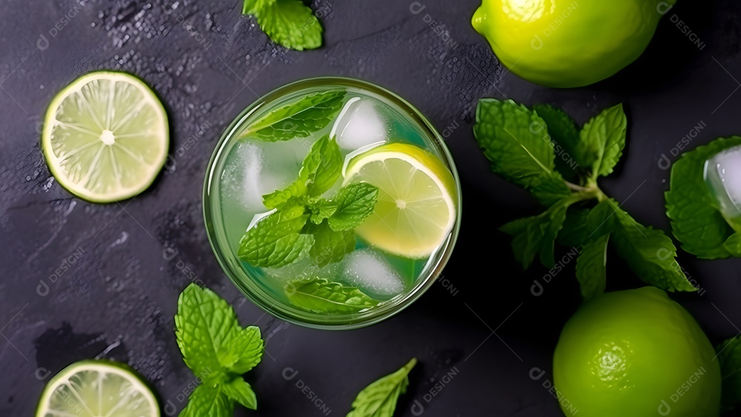 Vista superior de um refrescante coquetel de menta com mojito em um copo sobre fundo preto com limão, folhas de hortelã e gelo.