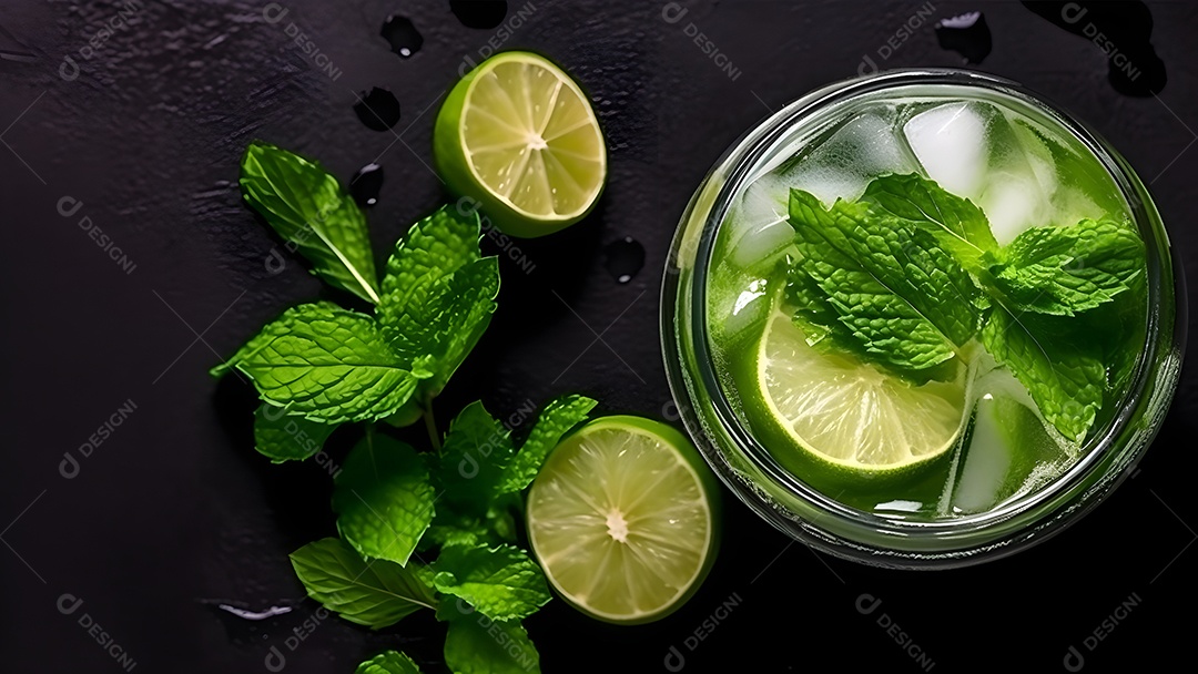 Vista superior de um refrescante coquetel de menta com mojito em um copo sobre fundo preto com limão, folhas de hortelã e gelo.