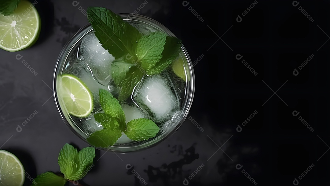 Vista superior de um refrescante coquetel de menta com mojito em um copo sobre fundo preto com limão, folhas de hortelã e gelo.