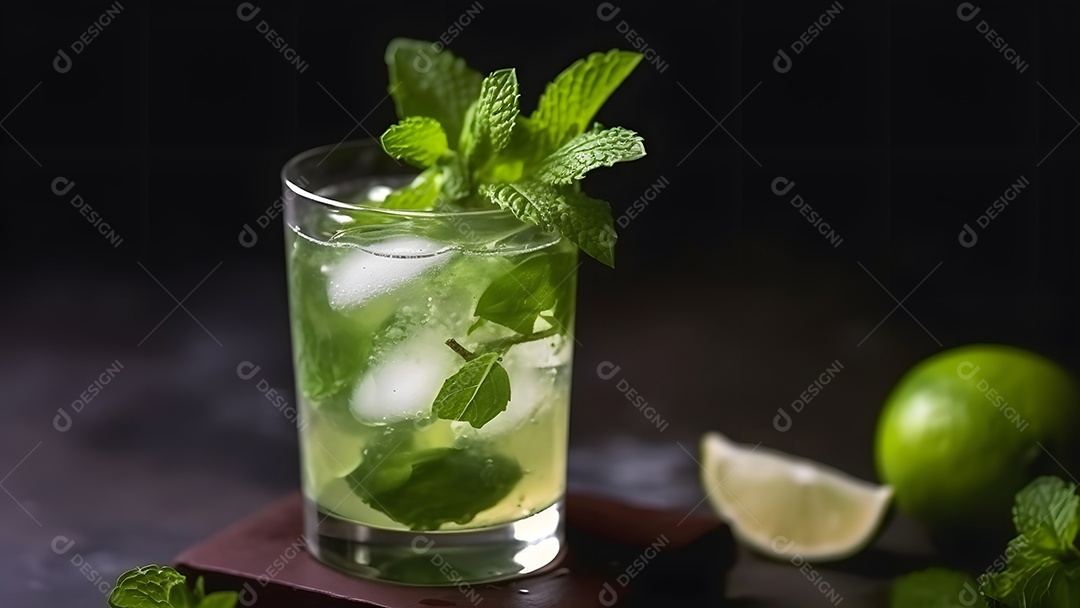 Vista superior de um refrescante coquetel de menta com mojito em um copo sobre fundo preto com limão, folhas de hortelã e gelo.