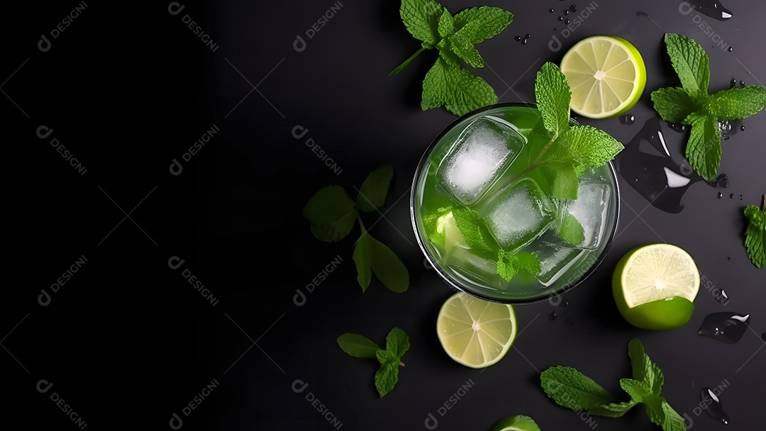 Vista superior de um refrescante coquetel de menta com mojito em um copo sobre fundo isolado com limão, folhas de hortelã e gelo.