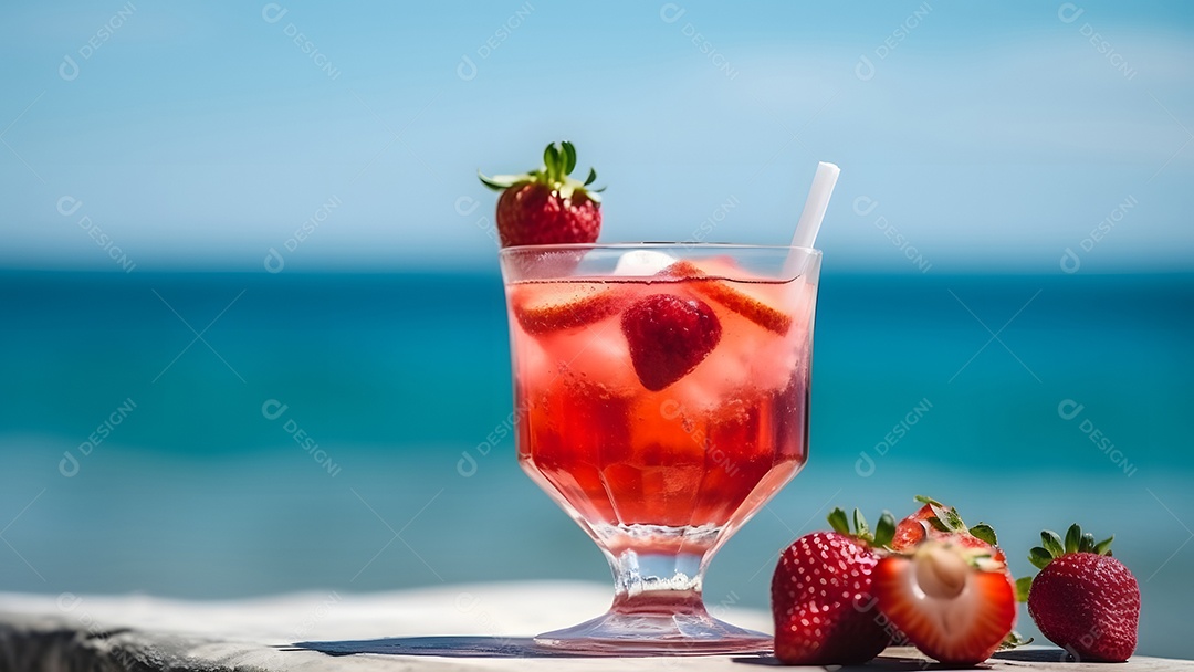 Um copo de morangos com uma bebida refrescante e gelada ao fundo do mar em um dia ensolarado de verão.