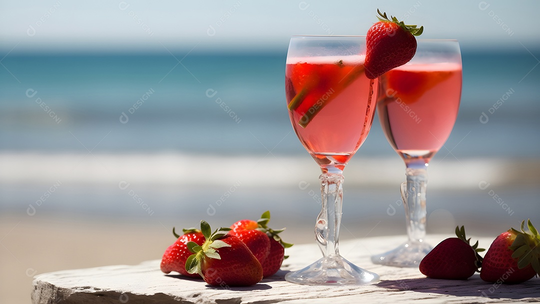 Um copo de morangos com uma bebida refrescante e gelada ao fundo do mar em um dia ensolarado de verão.