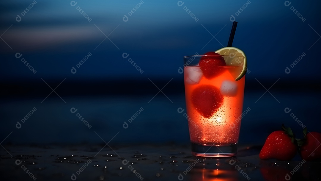 Um copo de morangos com uma bebida refrescante e gelada ao fundo do mar em um dia ensolarado de verão.