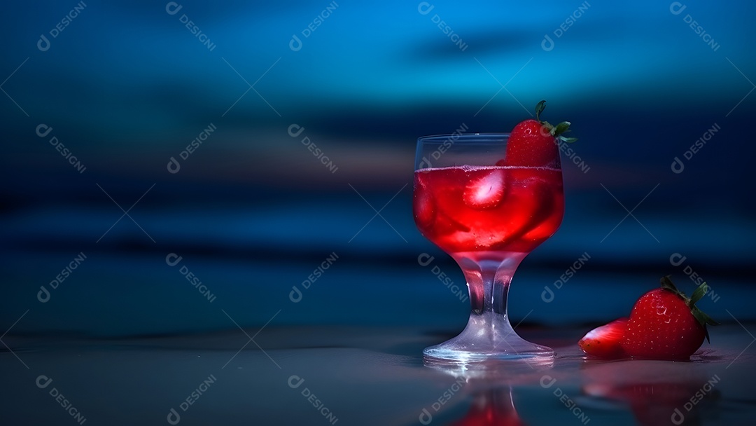 Um copo de morangos com uma bebida refrescante e gelada ao fundo do mar em um dia ensolarado de verão.