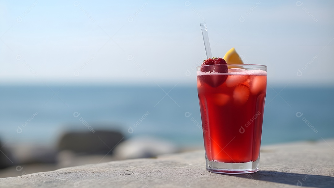 Um copo de morangos com uma bebida refrescante e gelada ao fundo do mar em um dia ensolarado de verão.