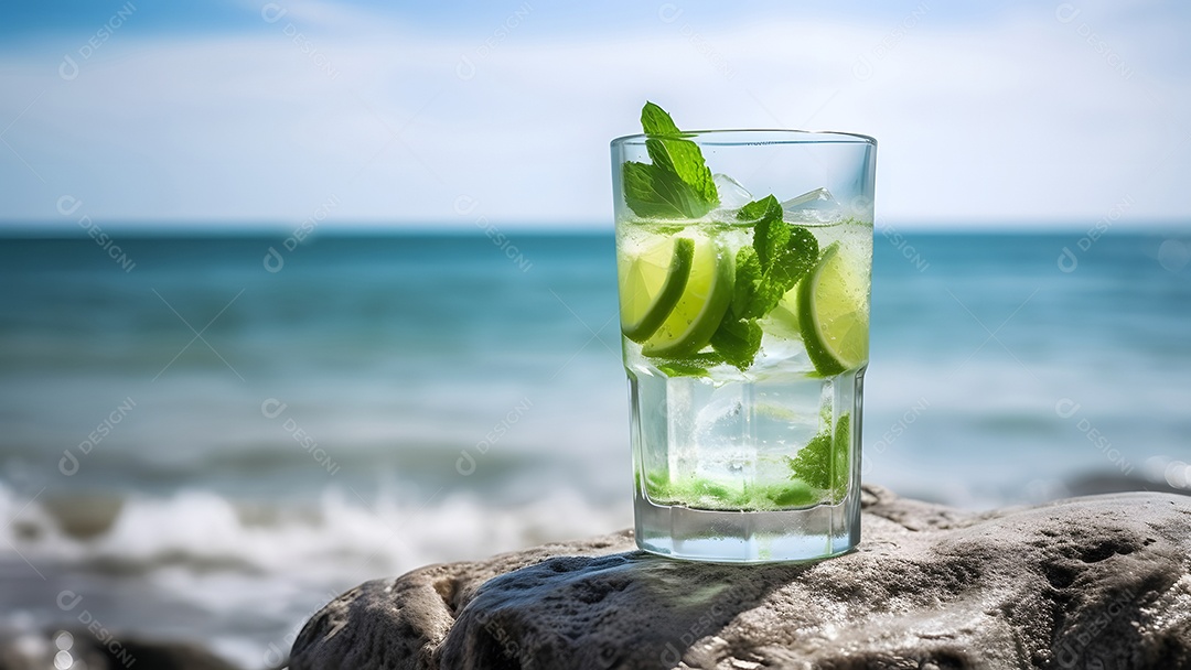 Copo de refrescante mojito de menta com fundo marinho em dia ensolarado