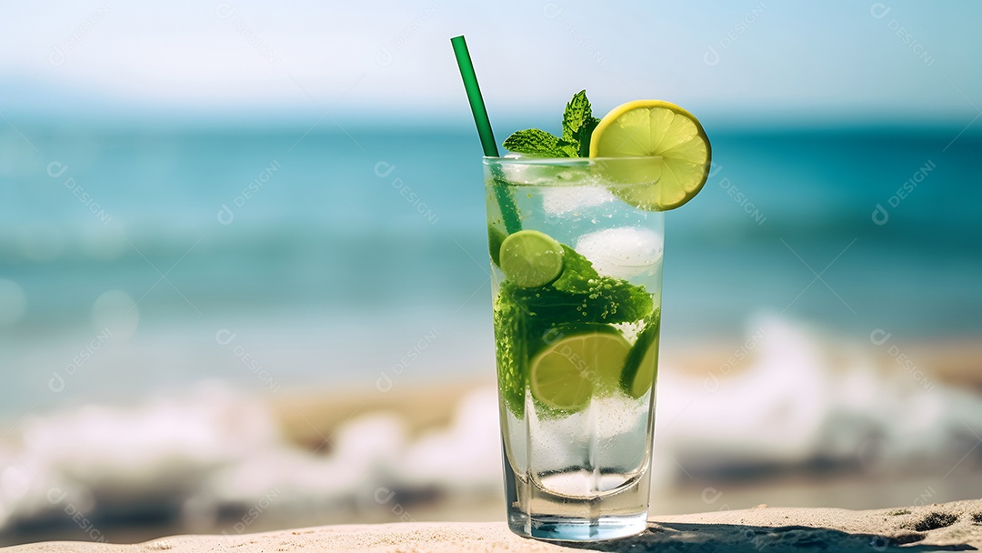 Um copo de morangos com uma bebida refrescante e gelada ao fundo do mar em um dia ensolarado de verão.