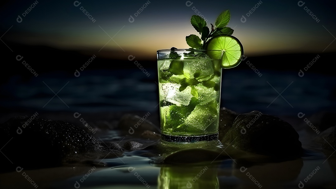 Copo de refrescante mojito de menta com fundo marinho em noite de verão