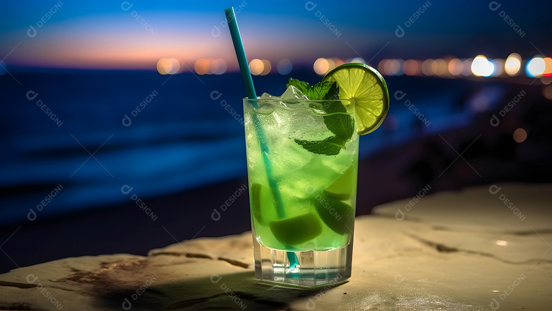Copo de refrescante mojito de menta com fundo marinho em noite de verão
